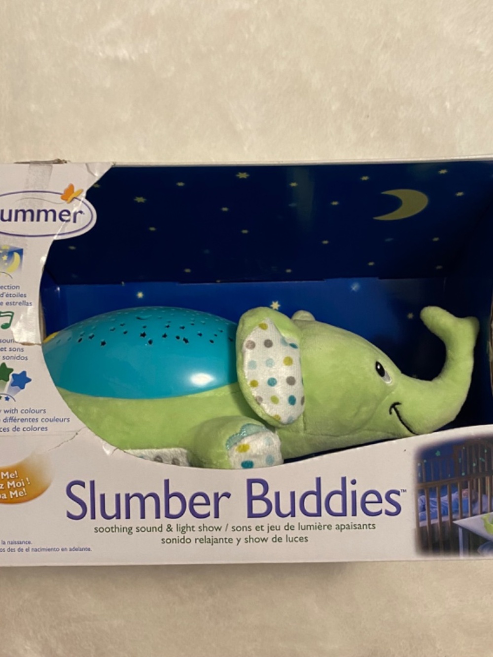 New Slumber Buddies Green Blue Elephant Soothing Sound & Light Show Toy